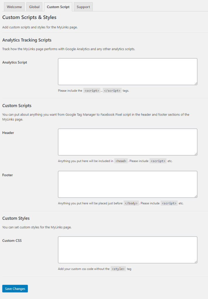 Custom Script Settings In WP MyLinks