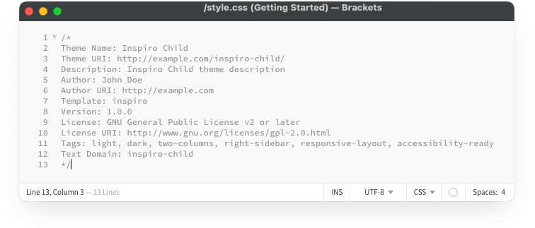 Child theme stylesheet file