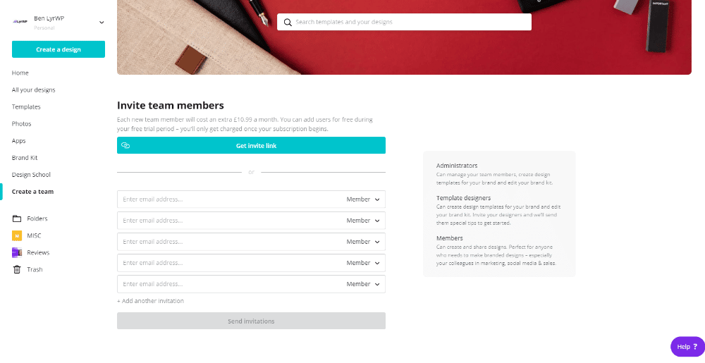 Invite team members in Canva