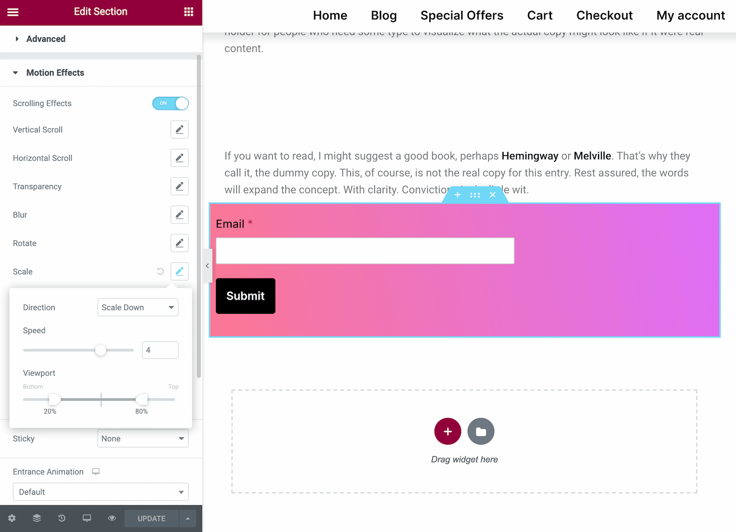 Motion effect settings to customize sections