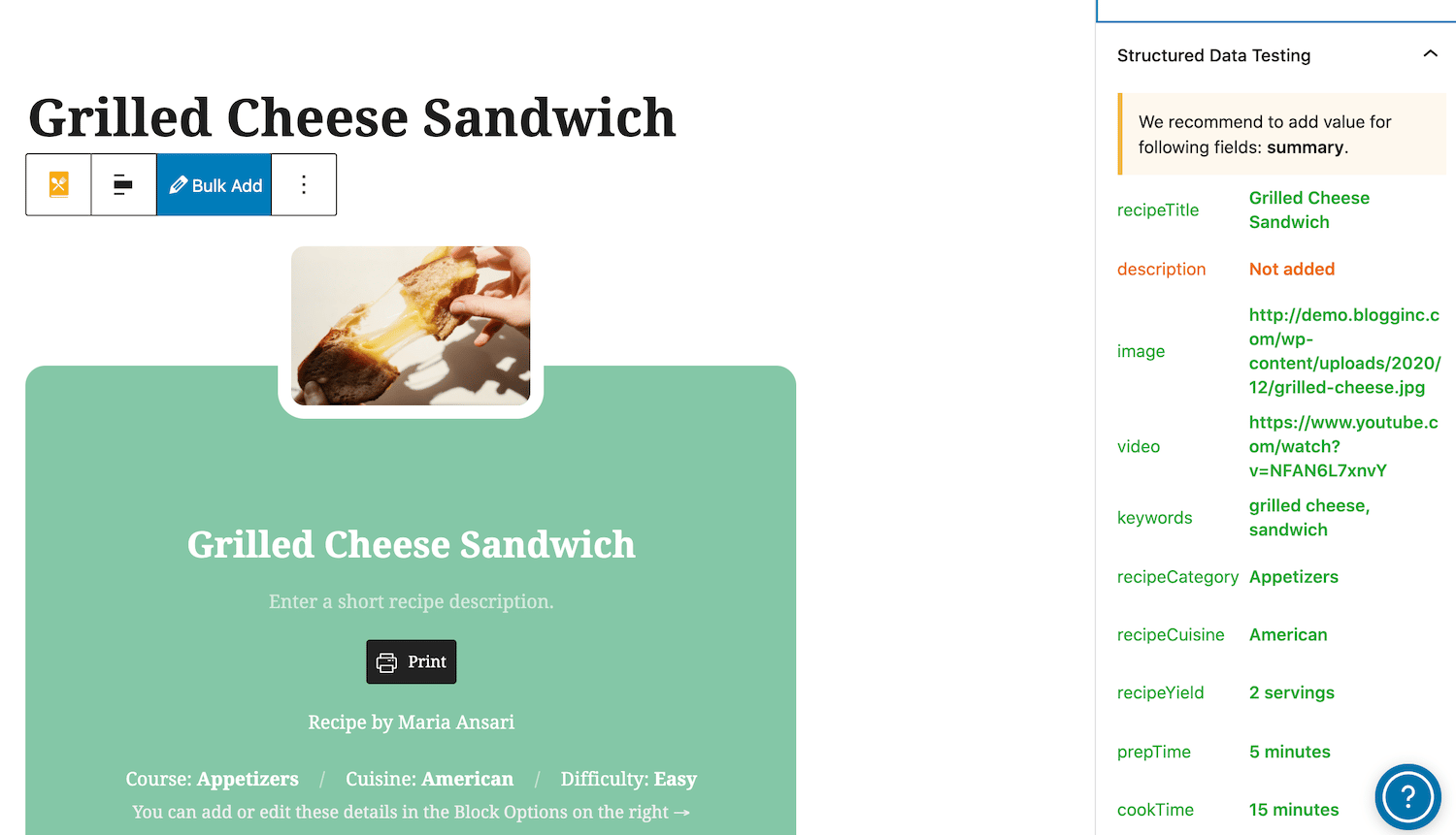 Recipe Card Blocks structured data