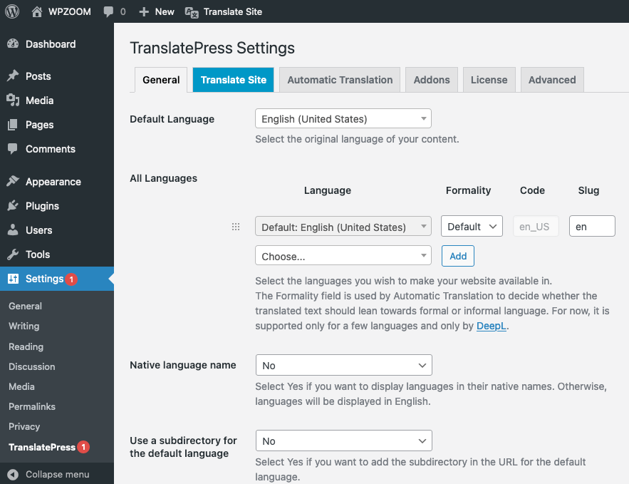 TranslatePress Settings