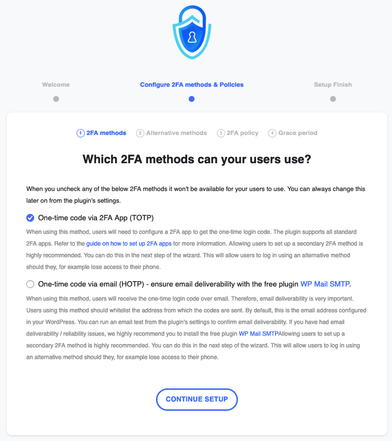 Choose the 2FA method in WP 2FA plugin